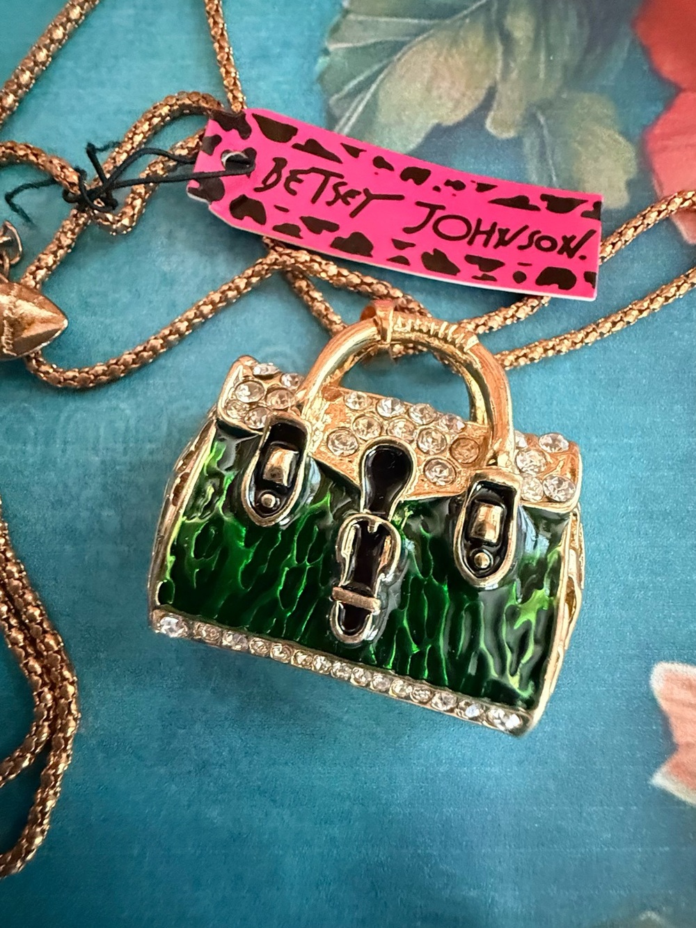 Betsey Johnson Green Enamel Mini Handbag Pendant Necklace with Gold Tone Chain